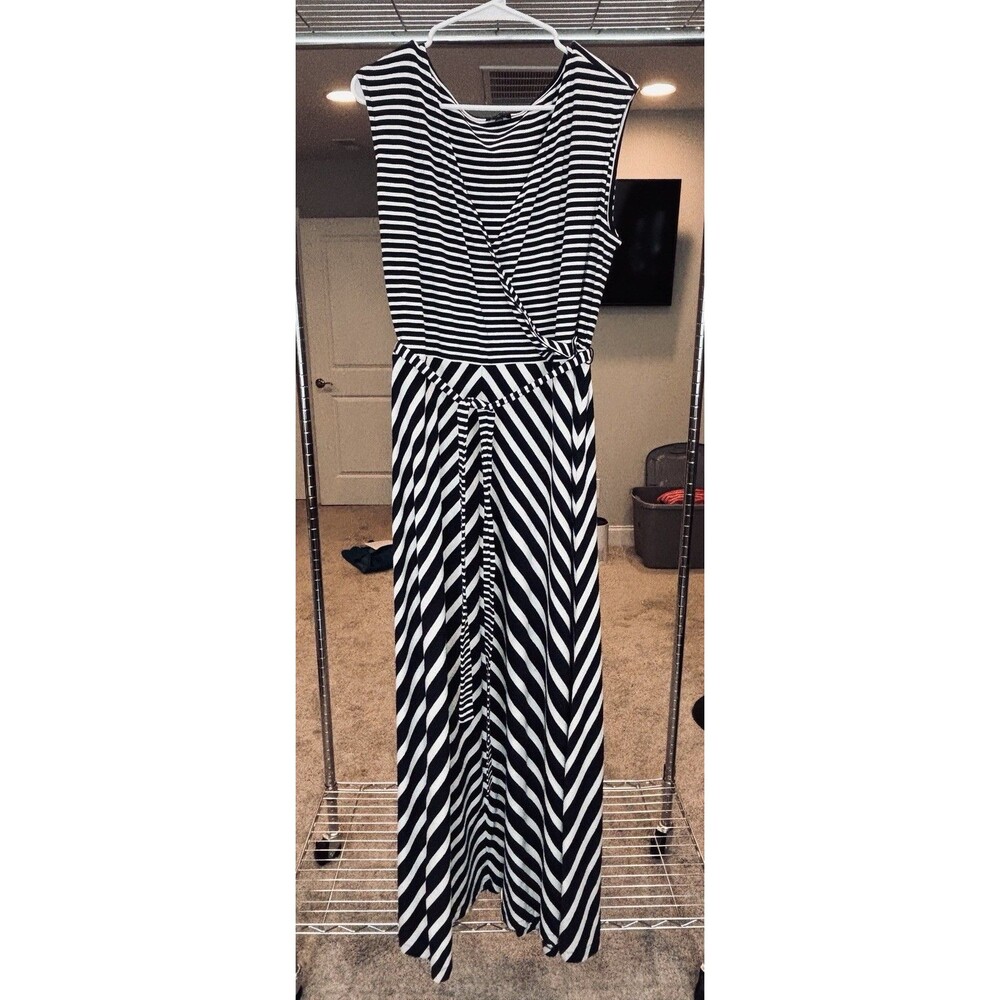 Talbots Woman Plus 1X Navy Blue White Diagonal Stripe Tie Waist Maxi Dress LONG